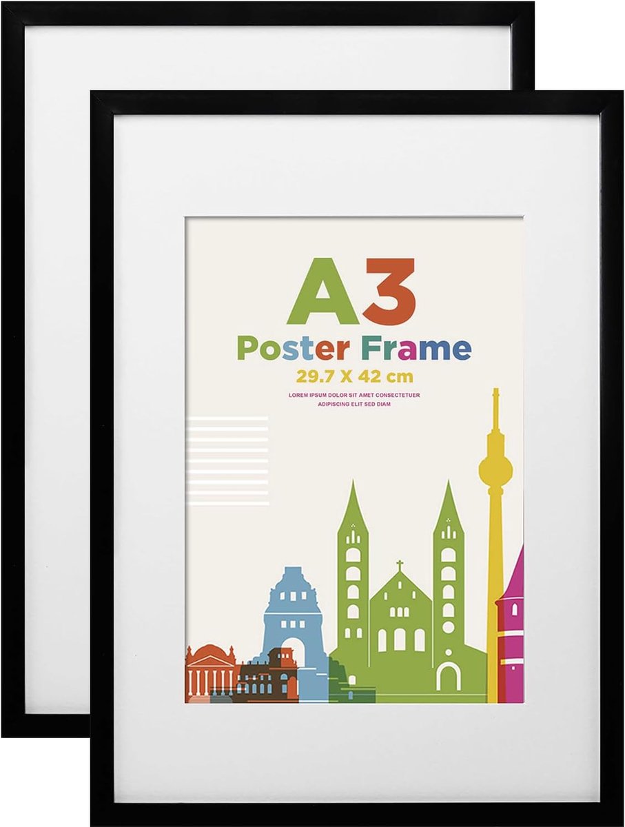 SnelShoppen - Set van 4 A3 Fotolijsten Zwart, Houten Composiet, Met Echt Glas, Voor Muur- of Taaldecoratie, Horizontaal en Verticaal Gebruik, Duurzaam