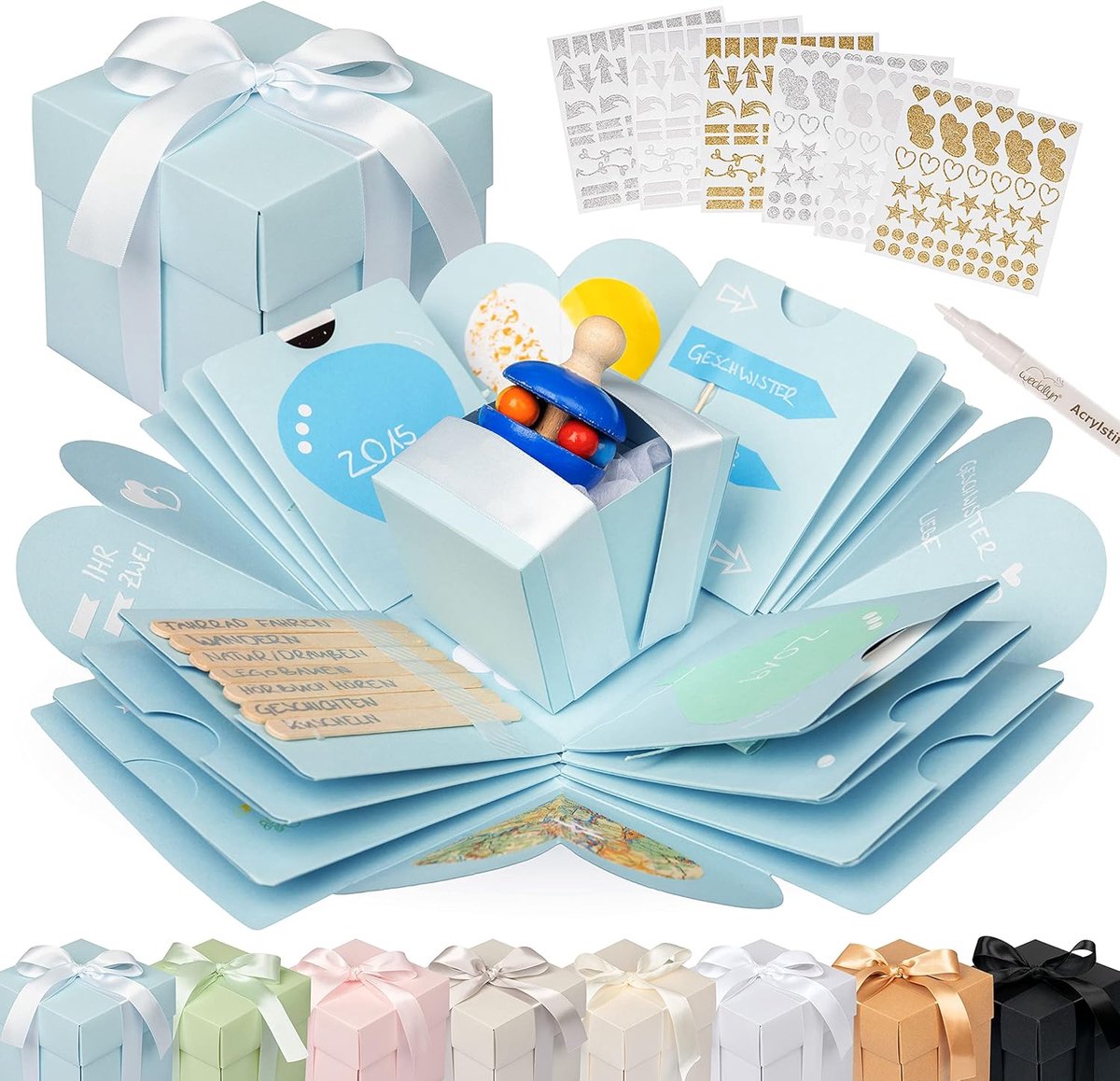 SnelShoppen - Weddlyn Creative Surprise Photo Box Blauw - 300gsm Papier - Inclusief Satin Ribbon - Voor Feest, Verjaardag, Kinderfeestje, Herinneringe