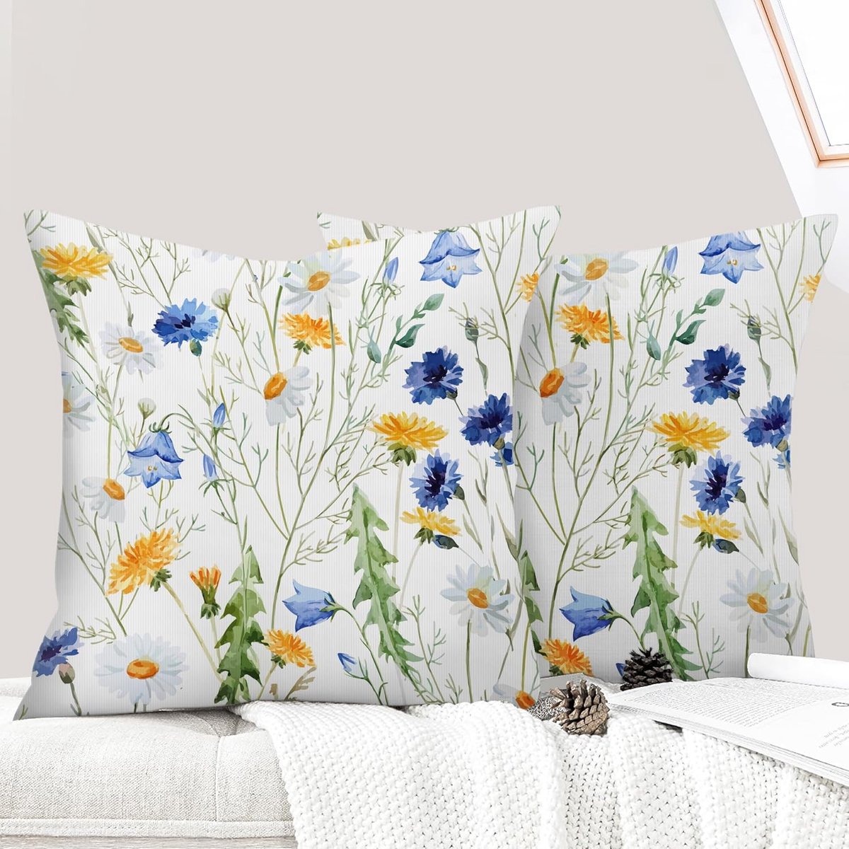 SnelShoppen - Set van 2 Boho Kussenslopen 40x40cm, Dubbelzijdig Floral Decoratief, Korte Pluche Kussens voor Woonkamer en Slaapkamer, Gele Margrieten