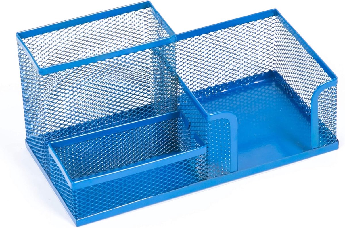 SnelShoppen - Desk Organiser Metaal - Pennenhouder voor Kantoor - Tafel Organizer met Notitiehouder - 3 Compartimenten - 205x103x98 mm - Blauw