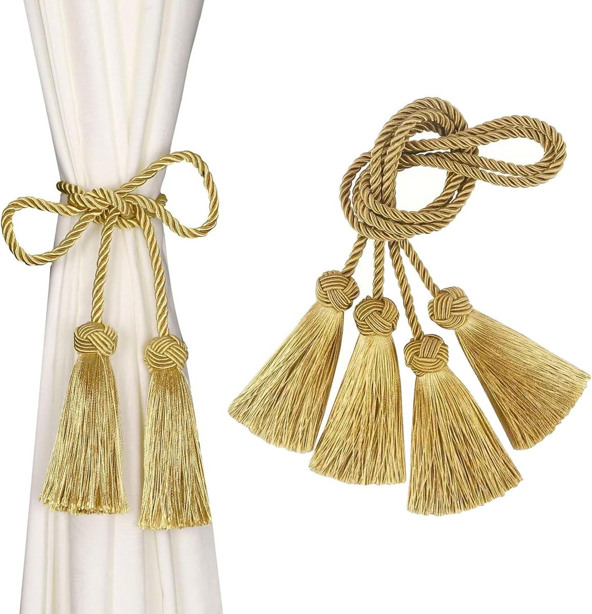 SnelShoppen - 2 Stuks Tassel Gordijn Ties, Boho Gordijnhouders, Handgemaakte Touwtassels in Goud, Ideaal voor Woonkamer, Kantoor en Decoratie