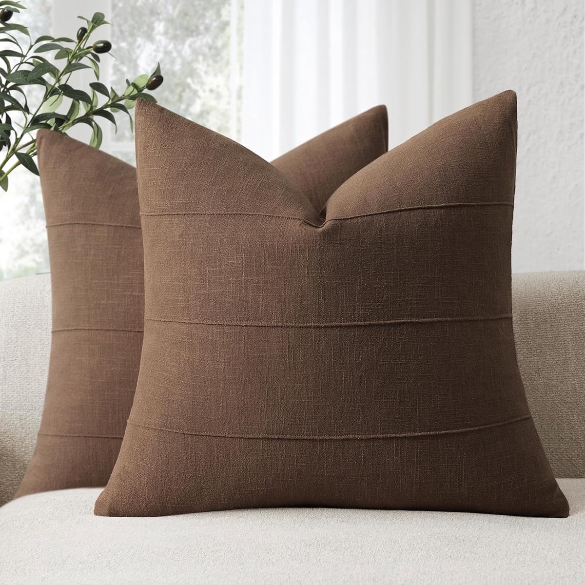 SnelShoppen - Set van 2 Zachte Decoratieve Kussenhoezen 45x45 CM - Natuurlijke Linnen en Katoen - Bruin met Strepen - Perfect voor Sofa, Bed, Woonkame