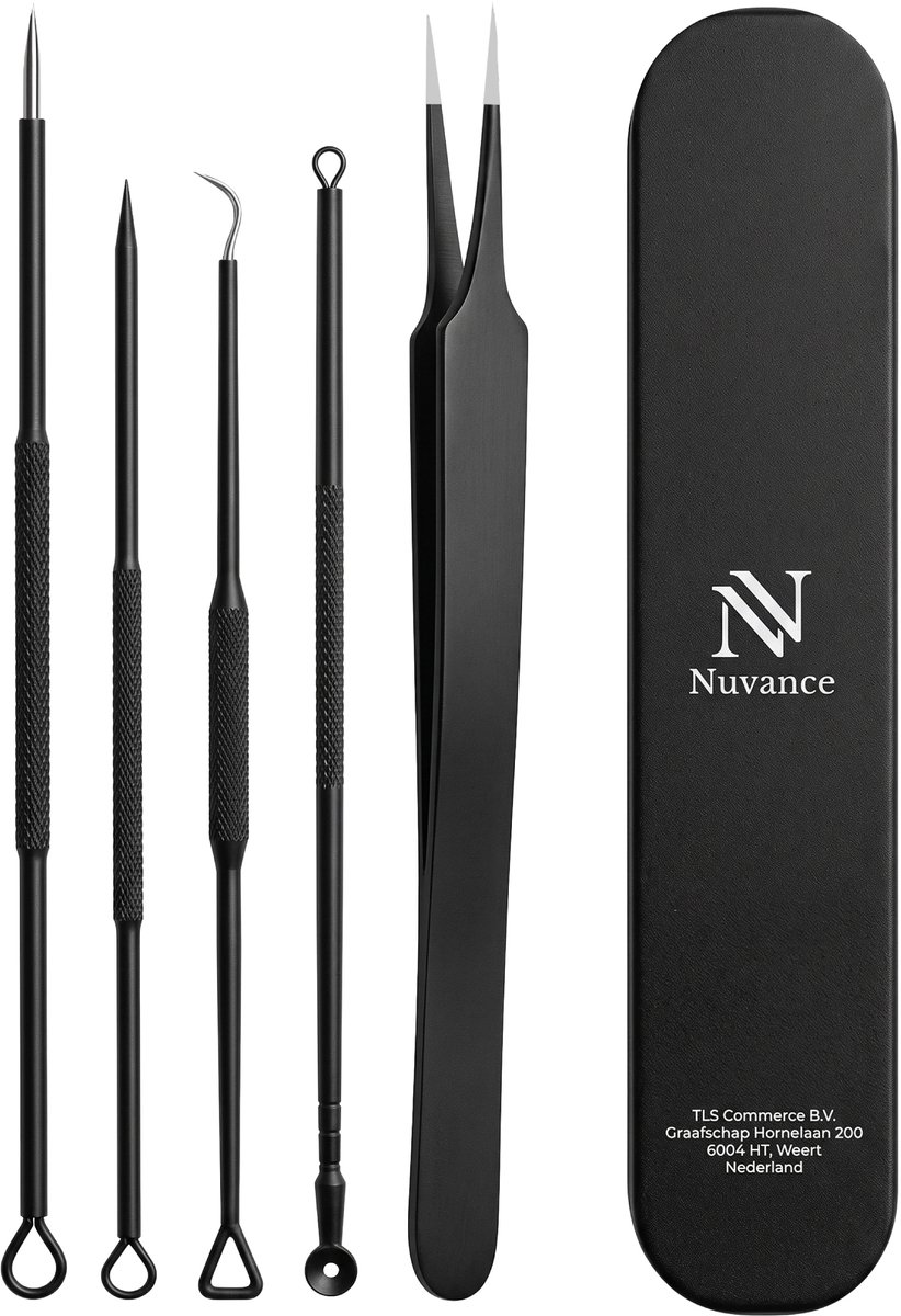 Nuvance Mee Eters Verwijderen - Blackhead remover - Set van 5 - Mee Eter Verwijderaar - Comedonenlepel - Zwart