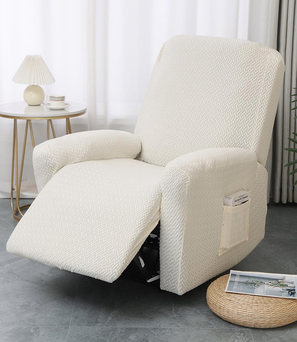 SnelShoppen - Recliner Beschermhoes 1 Zits 4-Delige Jacquard Beige Stoelhoes voor TV Stoelen en Relaxstoelen met Zakjes Rekbare Stoelhoes met Armleuni