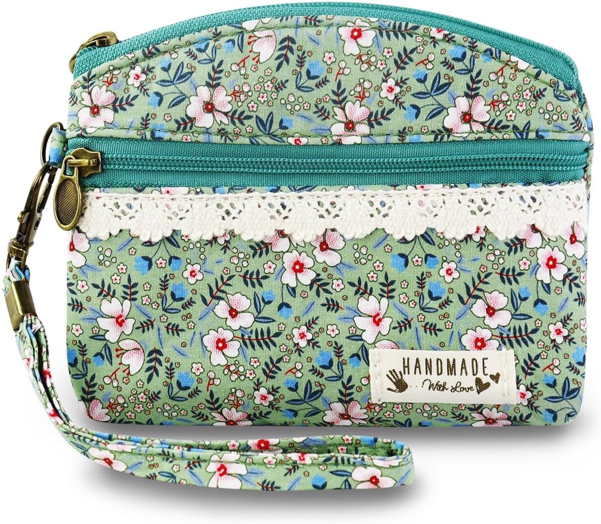 SnelShoppen - Bohemian Mini Handtas voor Vrouwen - Kleine Canvas Portemonnee met 2 Ritsvakken - Groene Geldbeugel met Nekkoord voor Munten, Cash en Ka