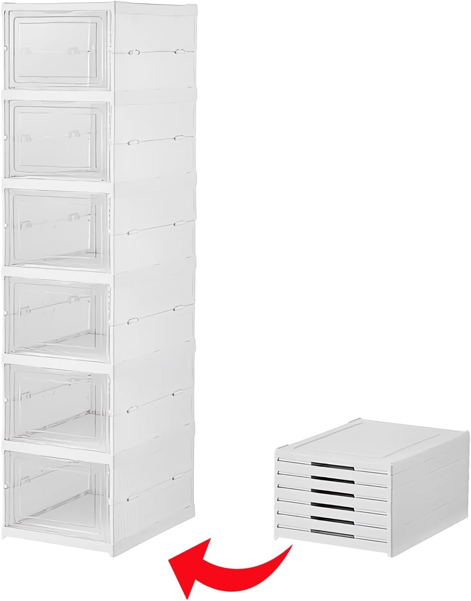 SnelShoppen - Plastic Schoen Organizer - Stapelbare en Vouwbare Schoenopberger met 6 Niveaus voor Kledingkast, Transparante en Ruimtebesparende Compar