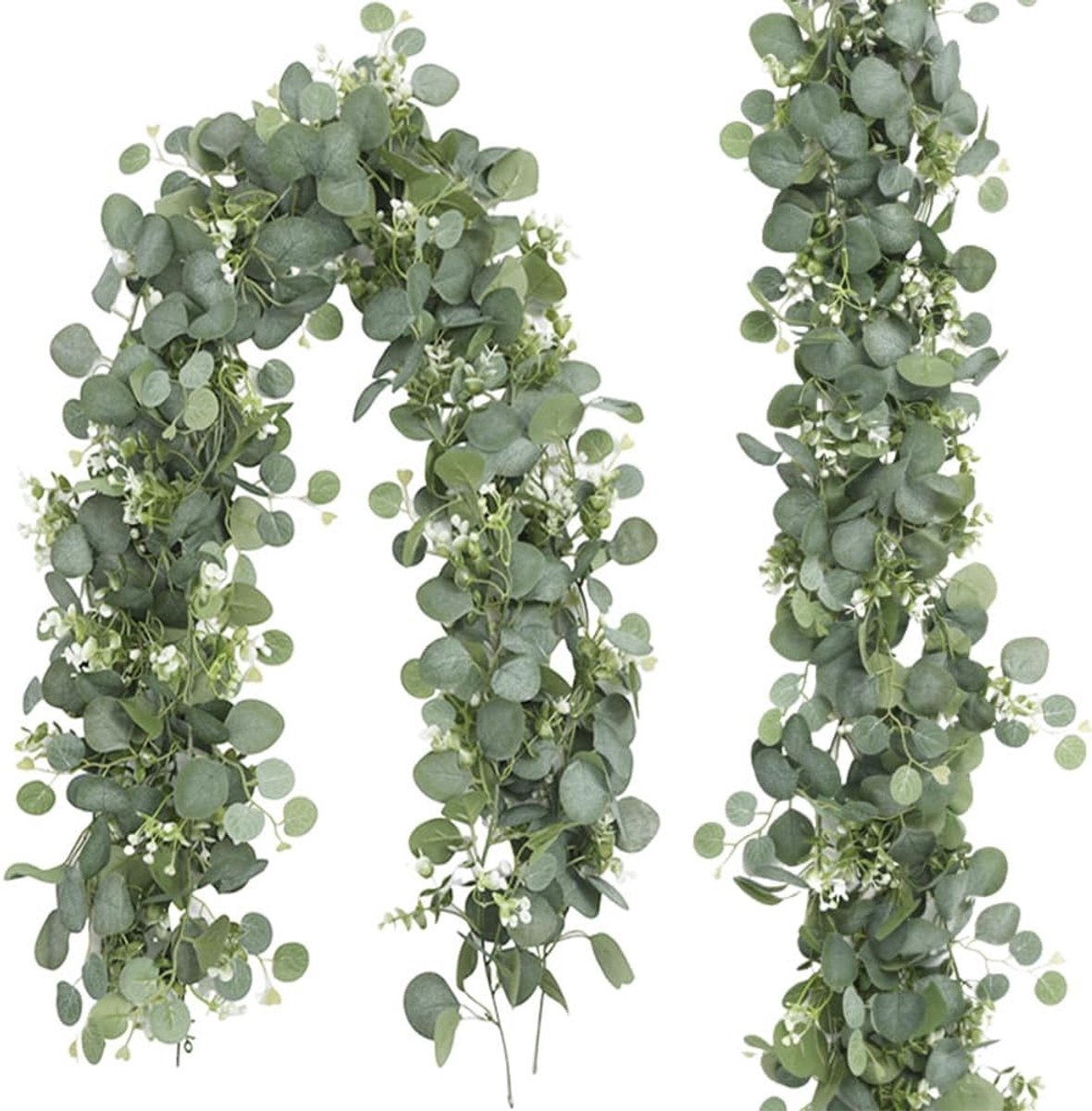 SnelShoppen - Eucalyptus Decoratie Garland 2 Stuks, 180 cm Kunstplanten met Groene Bladeren en Witte Bloemen voor Bruiloften, Feesten, Tafel, Mantel,