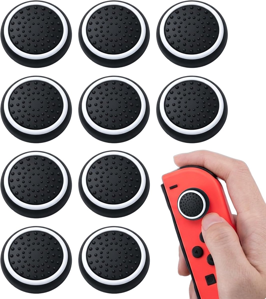 SnelShoppen - Antislip Joystick-Doppen Set van 10 Stuks - Zwart met Witte Ring - Eenvoudige Installatie voor Switch en Switch Lite - Verbeterde Grip e
