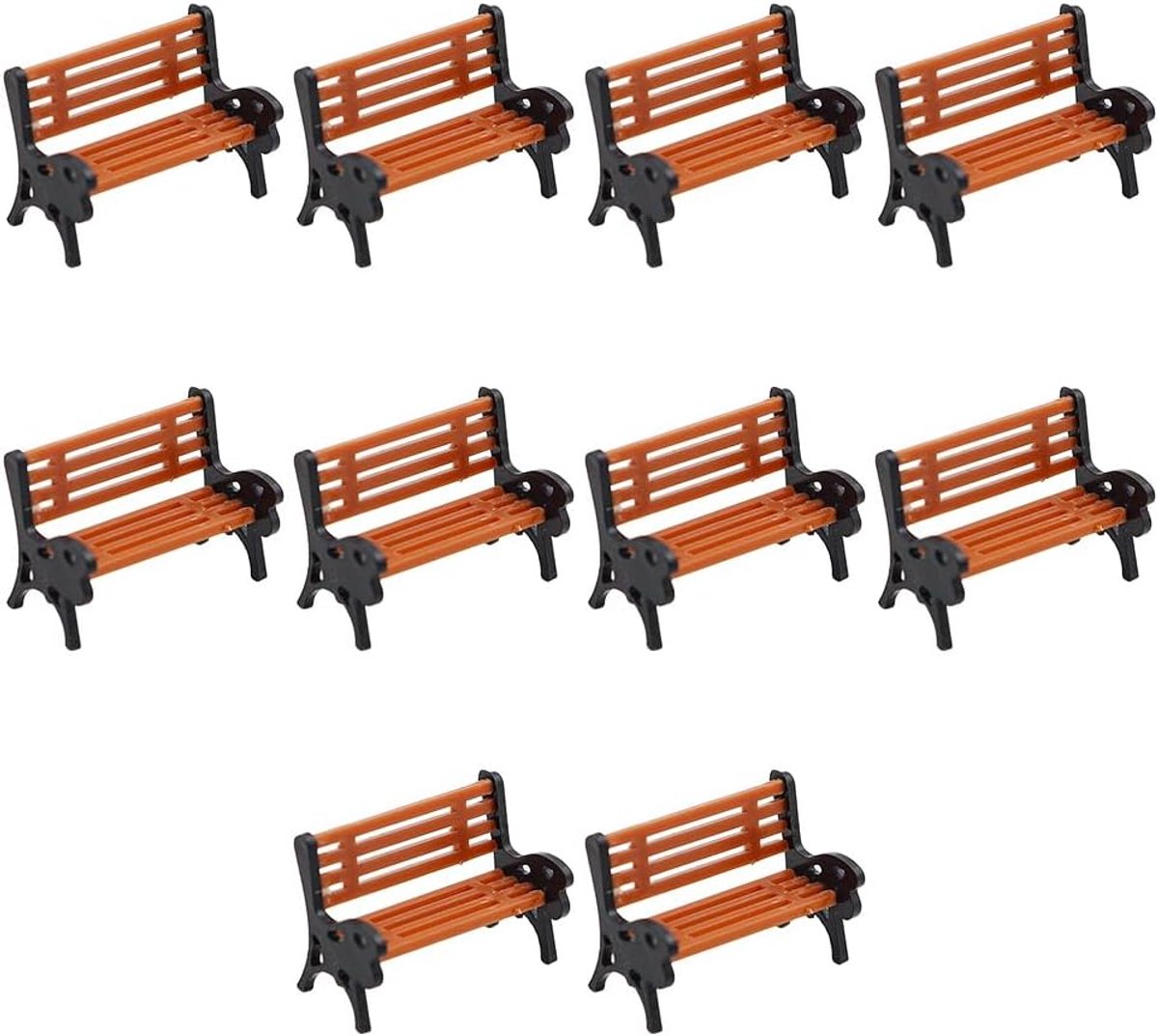 SnelShoppen - 10x Miniatuur Parkbankjes voor Modelbouw - Schaal HO OO TT 1:75 - Geverfd Met Oranje Zitvlak en Rugleuning - Perfect voor Spoorwegmodel