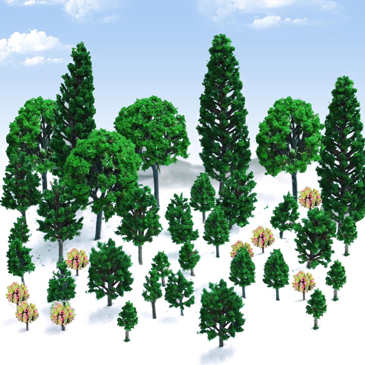 SnelShoppen - Pack van 38 Model Bomen (3-13cm) Miniatuur Diorama Decoratie, Kunststof Bomen voor Gnome en Fairy Garden, Kunstmatige Bomen voor Verjaar