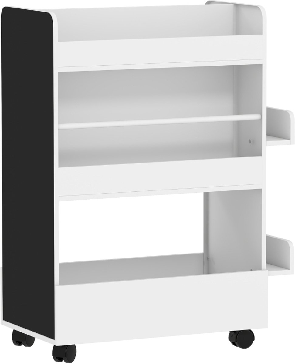 COVREO Kinderboekenkast 66,5 x 32,5 x 86,5 cm - wit, met 4 vakken, krijtbord en wielen