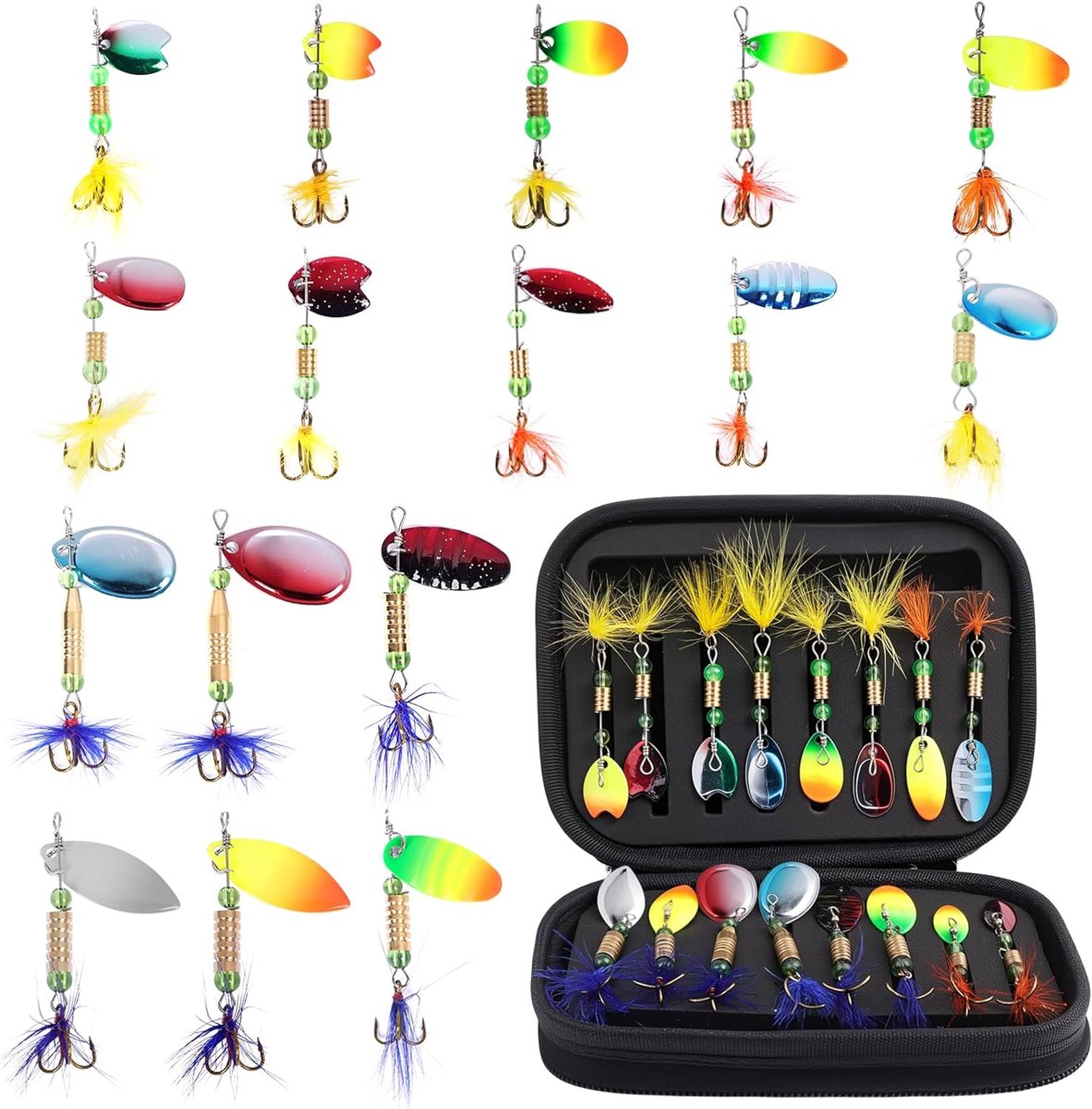 SnelShoppen - Kunstaas Set 16 Stuks met Spinner en Knipperlichten - Ideaal voor Forel, Baars, Snoekbaars, Zalm, Snoek en Walleye - Milieuvriendelijk,