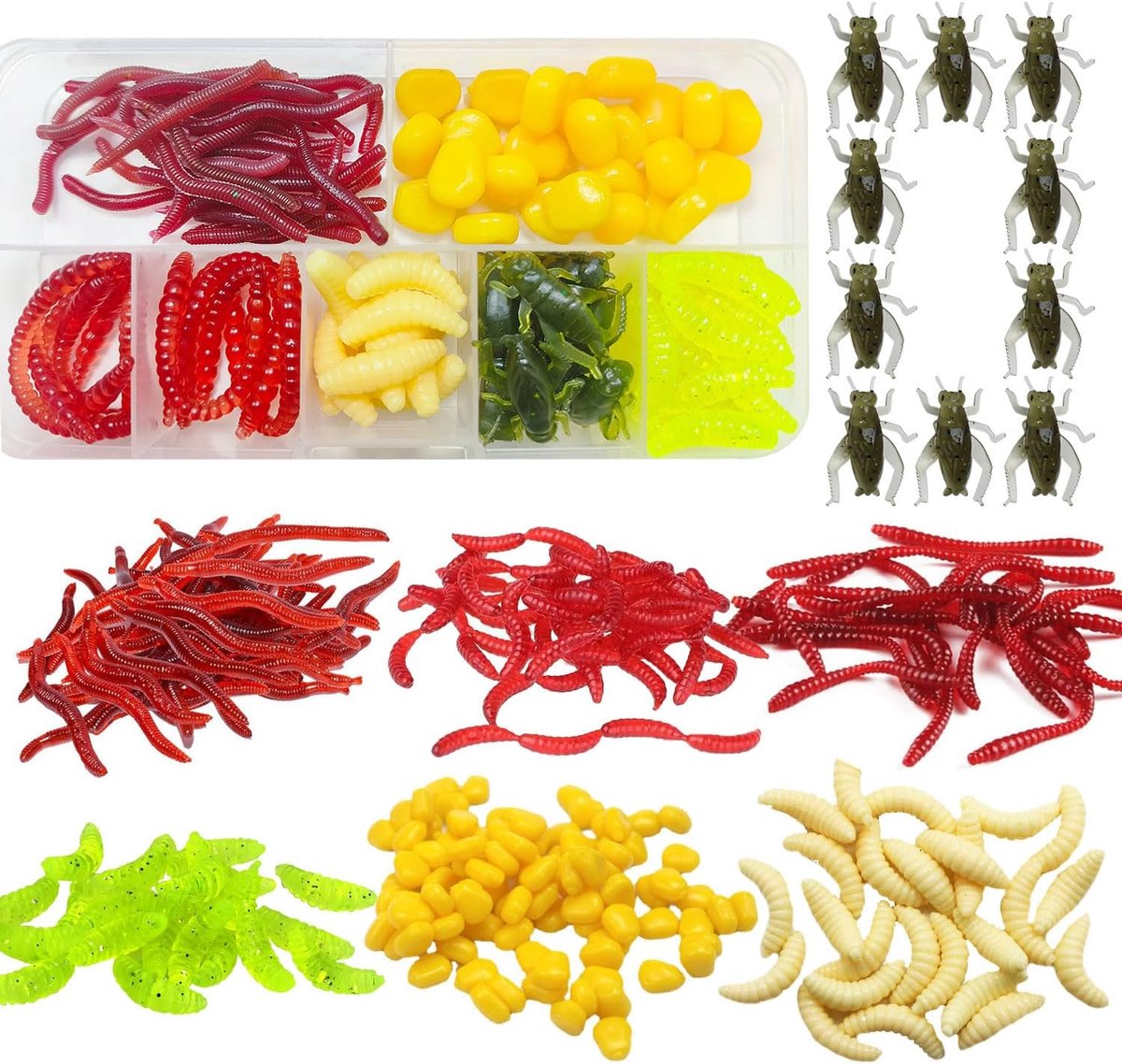 SnelShoppen - 285 Soft Lures Vissen Accessoires met Opbergdoos, Realistische Trout Baits met Broodwormen, Diverse Maten, Hoogwaardige PVC, Perfect voo