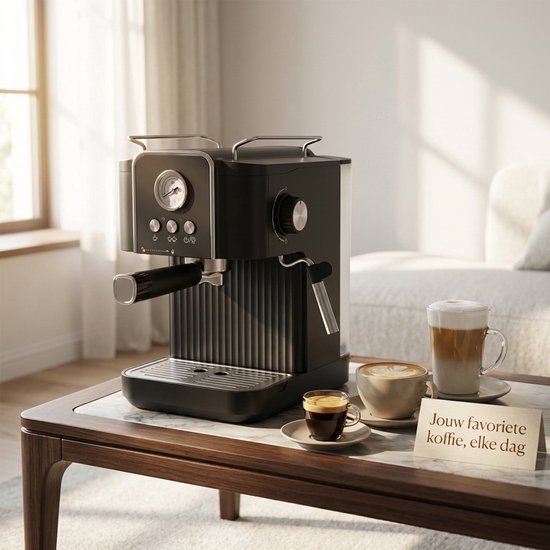 Golermo espressomachine op een marmeren tafel met twee koppen koffie en een tekst.