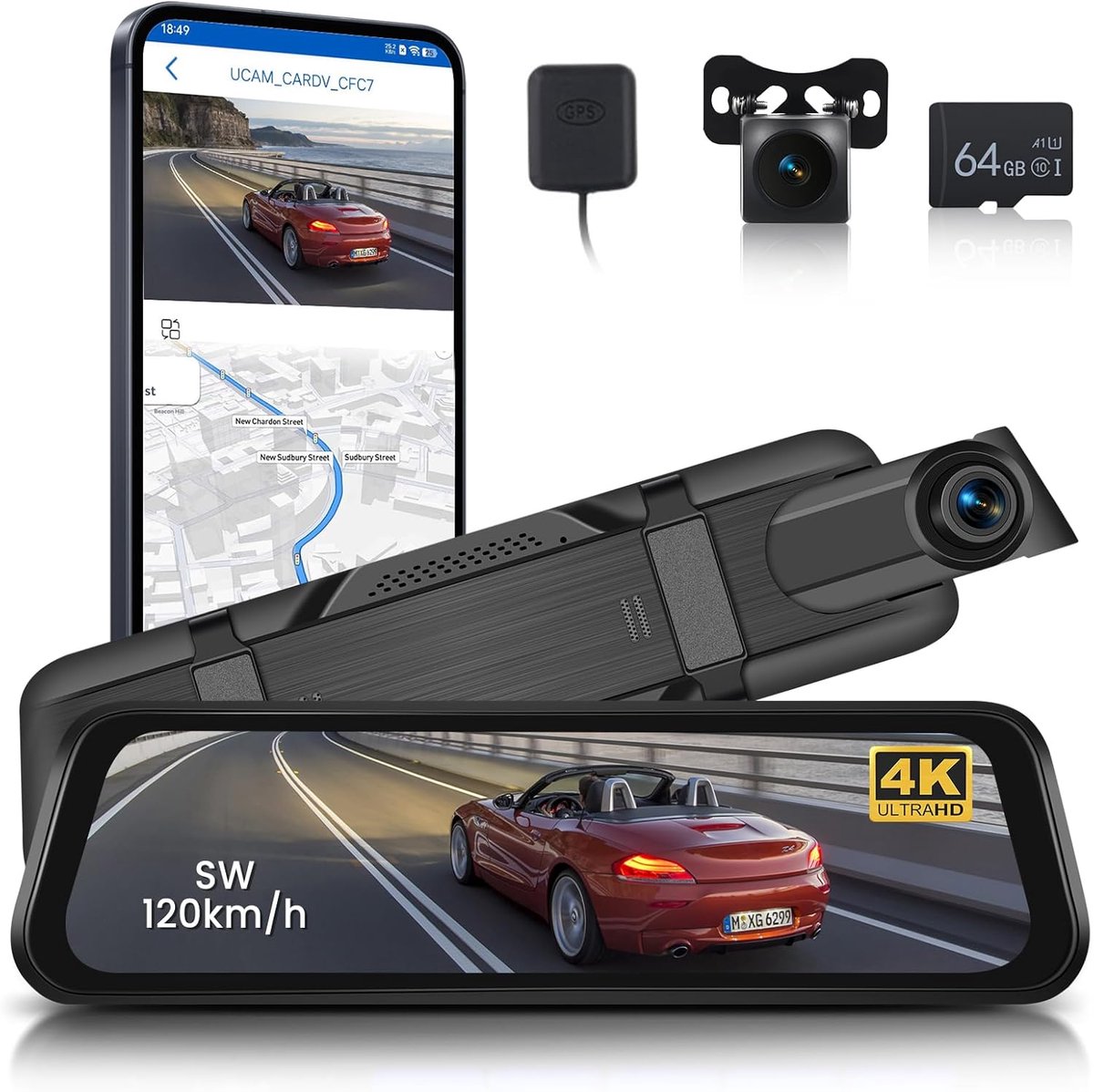 SnelShoppen - 9,66 Inch Achteruitkijkspiegel Dashcam 4K Voor- en Achtercamera 1080P met Nachtzicht, WiFi, GPS, ADAS, BSD, LCA, Lusopname en Kaart voor