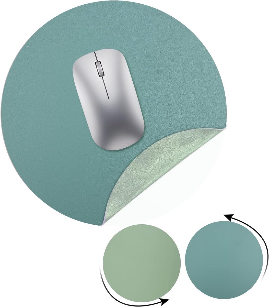 SnelShoppen - Ronde Muismat Dubbelzijdig Leer 22cm Waterdicht en Antislip voor Thuis en Kantoor - Groen-Blauw - Ergonomische Muismat voor Computer en
