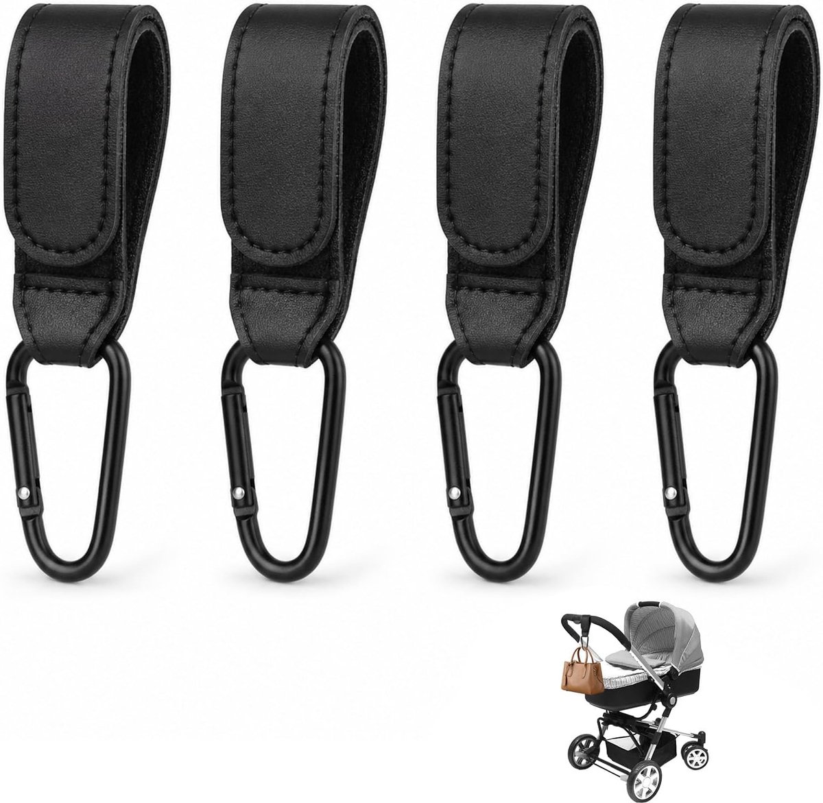 SnelShoppen - Universele Kinderwagenhaken 4-delig - Praktische Accessoires voor Luiertas, Rugzak, Boodschappen - Robuuste Kinderwagenhanger met Karabi