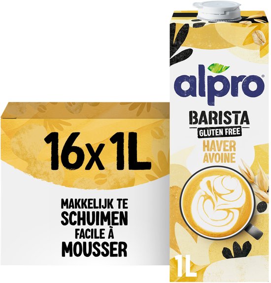 Alpro Barista Haver: 16x1L pakken havermelk, "Makkelijk te schuimen" staat op de verpakking.