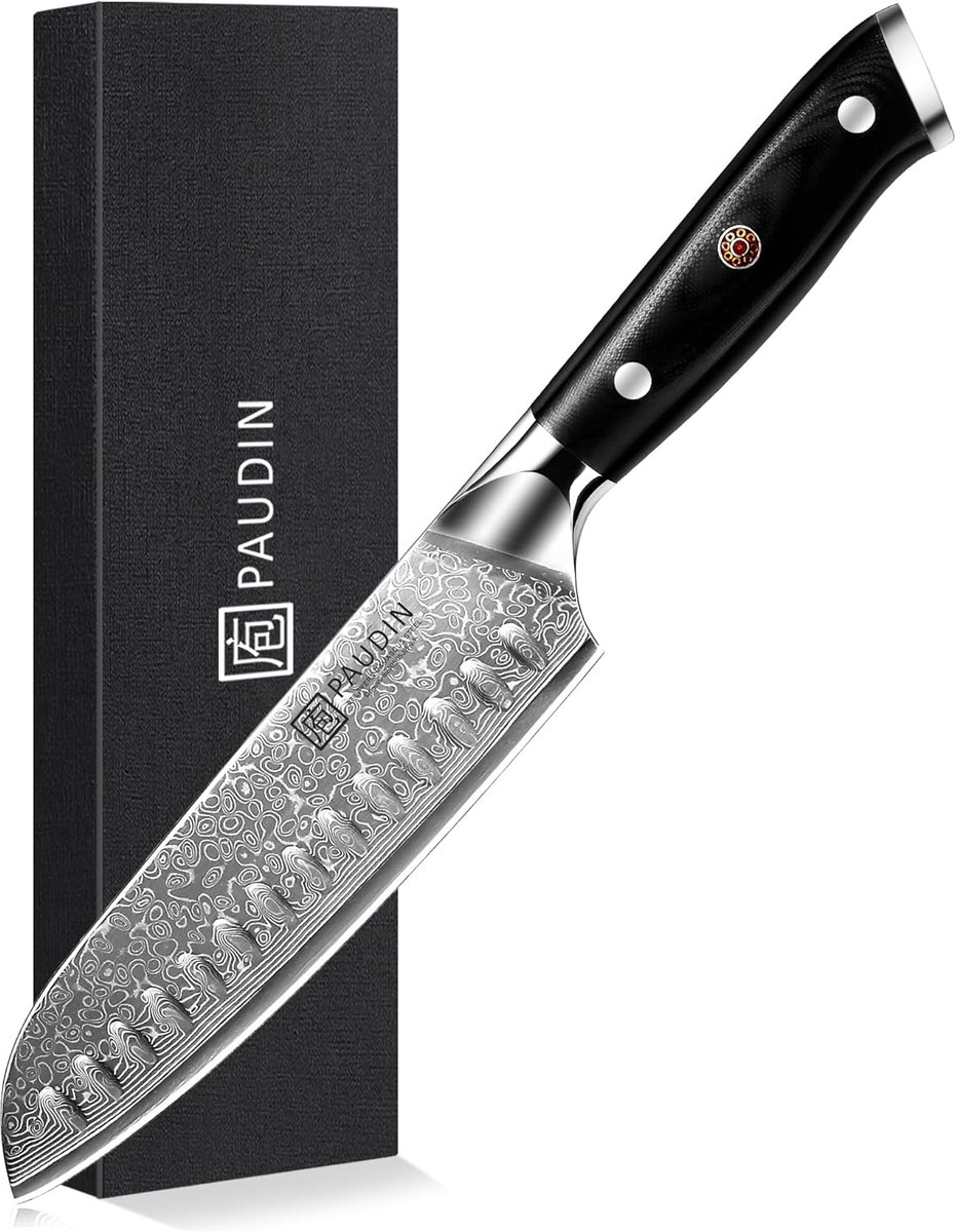 SnelShoppen - Santoku Kookmes 17 cm Ultra Sharp – 67 Laags Damast Staal met VG10 Kern – Professioneel Keukenmes met Ergonomische G10 Handgreep
