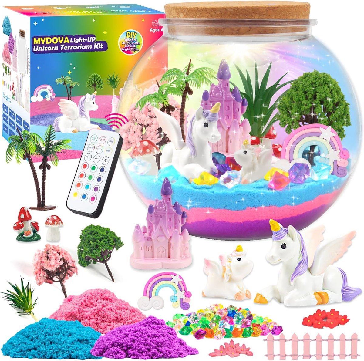 SnelShoppen - Unicorn Gifts for Girls, DIY Unicorn Terrarium Craft Set met Timer Afstandsbediening en Kleurrijke Lichten, Creatieve Wetenschapsset voo