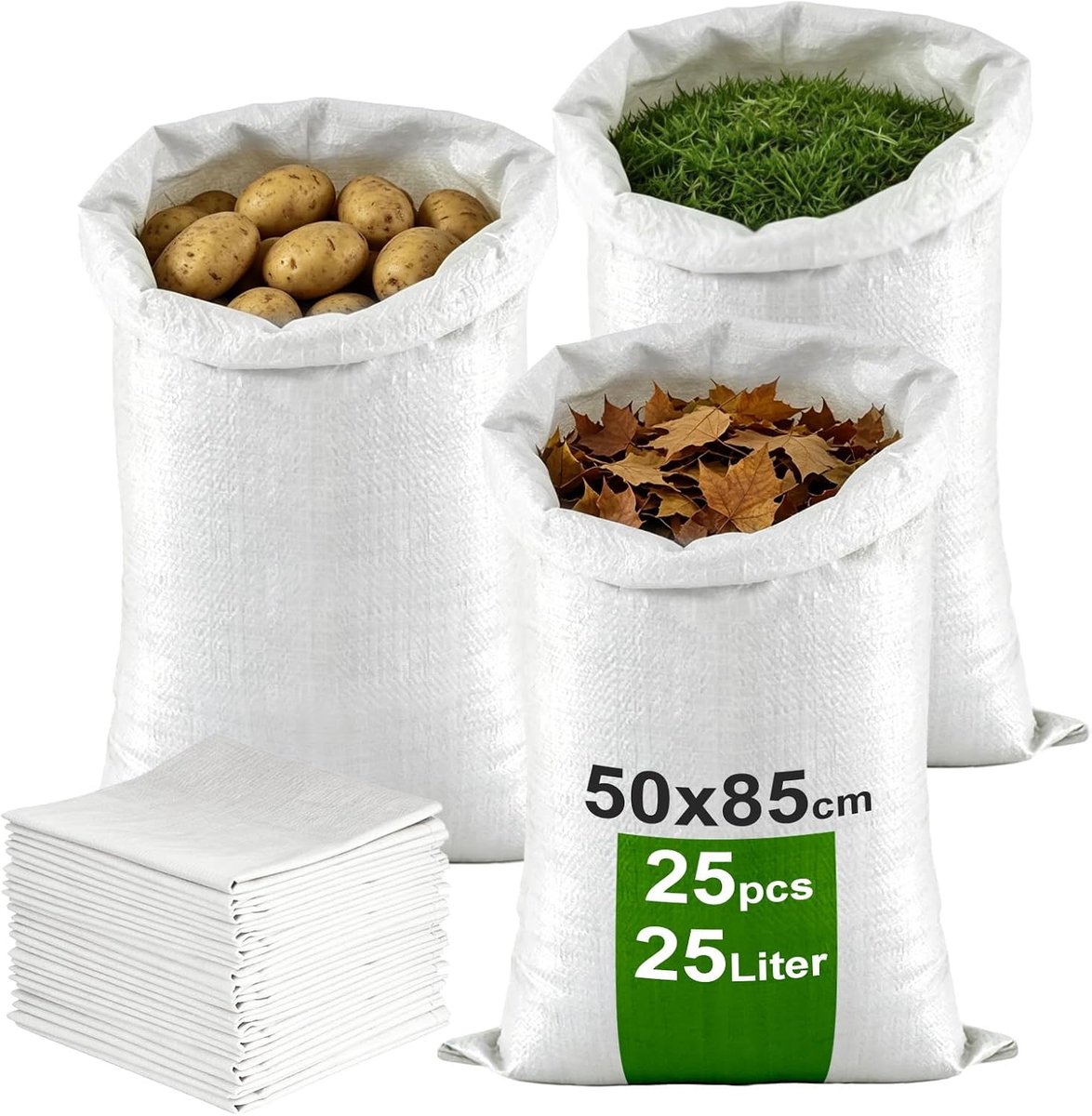 SnelShoppen - 25 Pcs Woven Bag 50x85cm - Heavy Duty Polypropylene Rubble Bags 25kg - Tear-Resistant Transport Bag voor Sand, Dirt, Tuin, Bouw - Wit