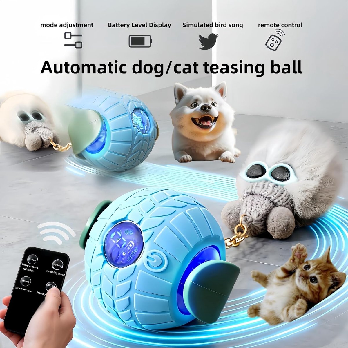 Lzwintrading - Elektrisch Kattenspeelgoed met Afstandsbediening - Honden Speelgoed - Interactief Kattenspeelgoed - Intelligente Bal voor Katten - Cadeau voor Katten - Kattenspeeltjes - Blauw