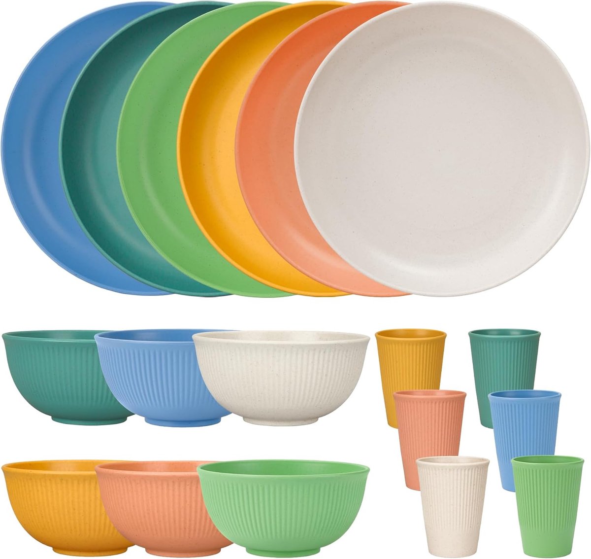 SnelShoppen - 18-delig Schokbestendig Servies voor 6 Personen, Herbruikbare Plastic Borden, Schalen en Bekers, Lichtgewicht Kleurrijk Camping Servies
