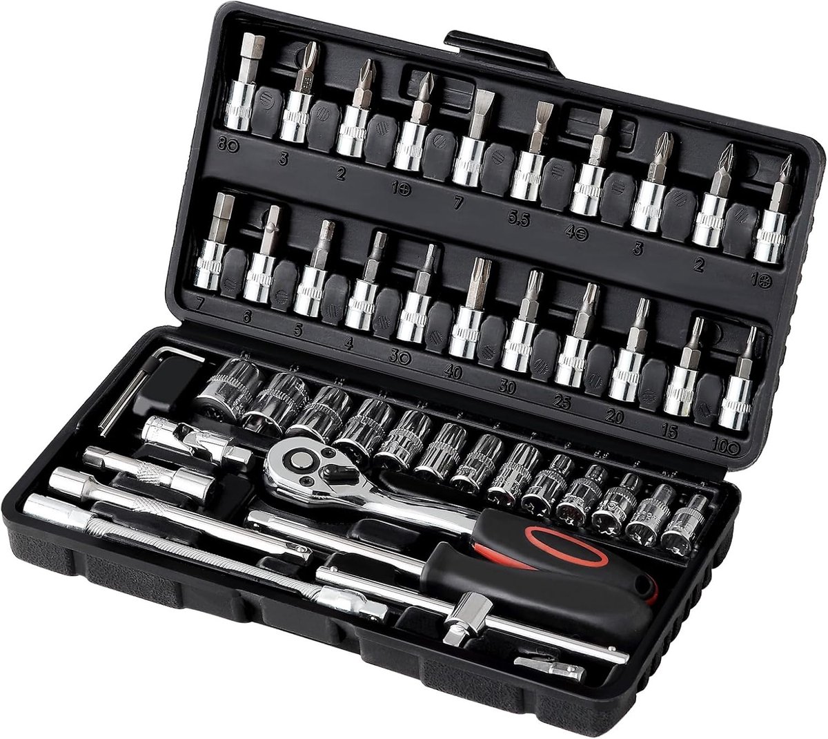 SnelShoppen - 46-delige Cr-V steeksleutel set met 72-tands 1/4" ratelsleutel, chrome gepolijst, ideaal voor thuis en auto reparaties, in handige opber