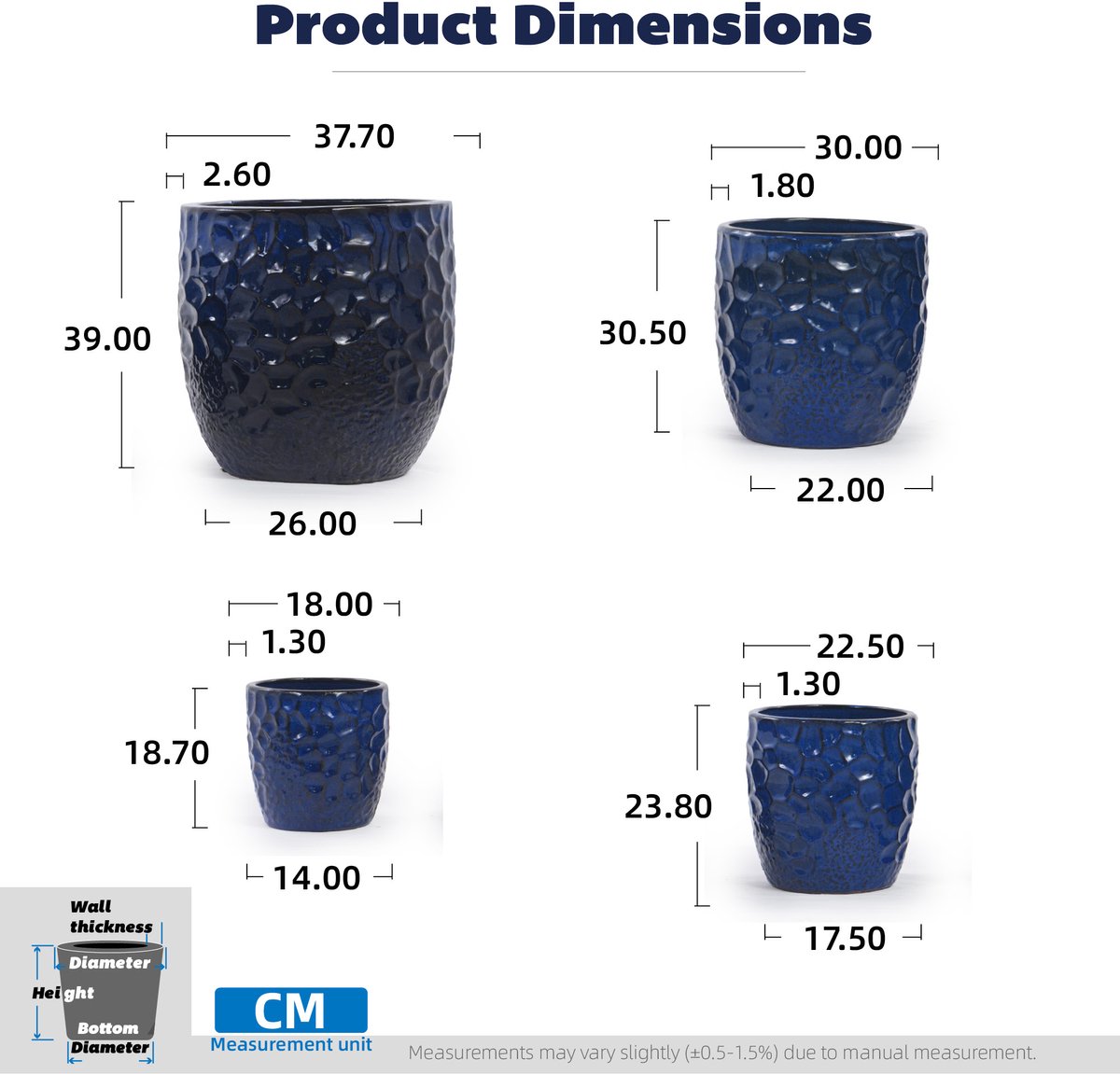 Bloempot 4-Delige Set – Ø38/30/22,5/18 cm – Keramiek – Diepblauw – Met Glanzend Hamerslagreliëf – Voor Binnen En Buiten