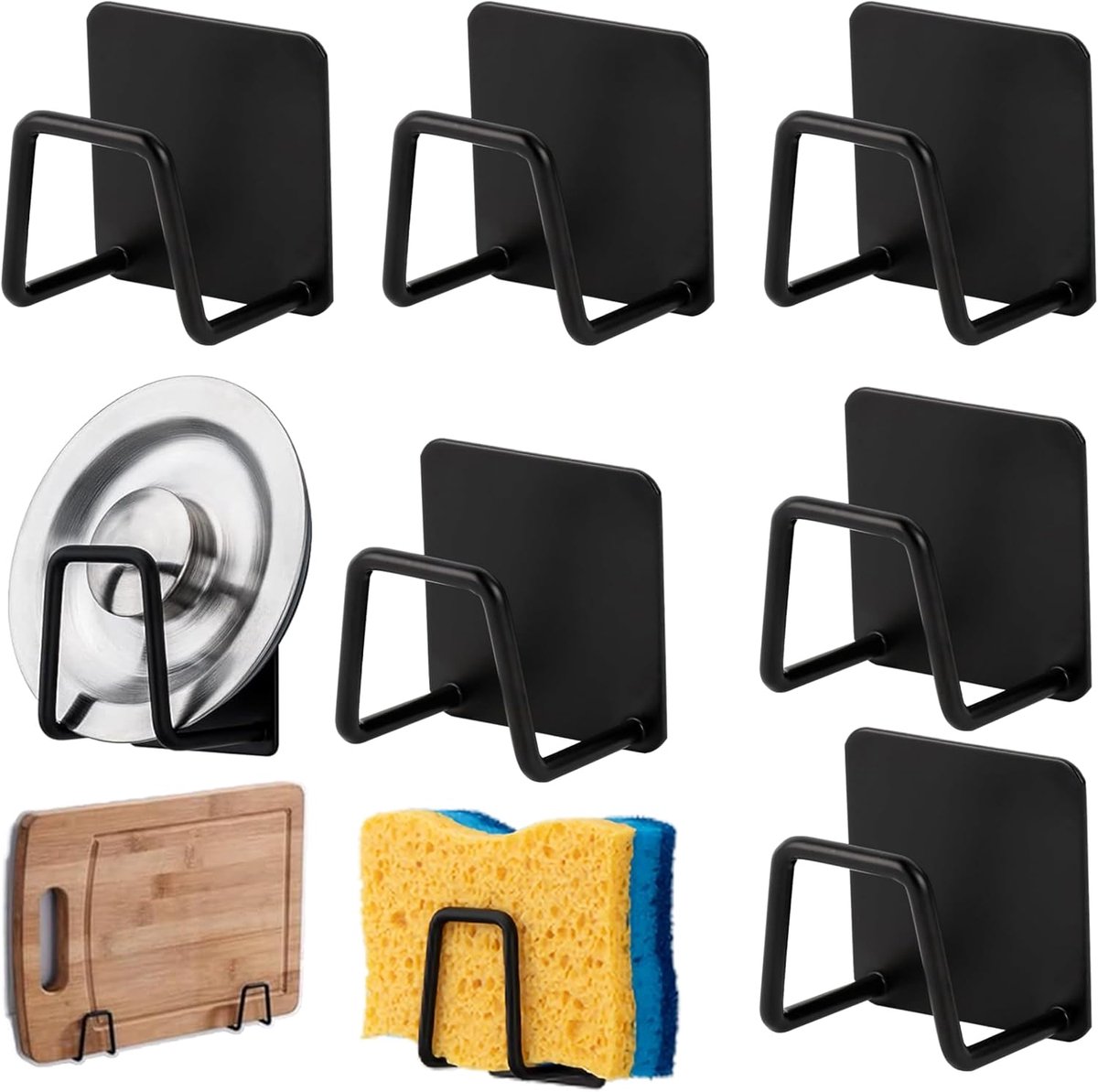 SnelShoppen - Sponge Holder voor Keuken - 6 Stuks RVS Zelfklevende Spons Houder voor Afwas, Staalwol, Pan Deksel, Zwart