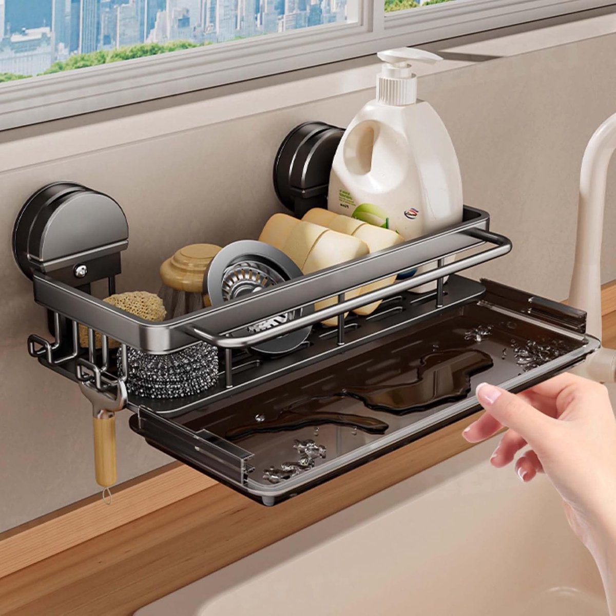 SnelShoppen - Kitchen Sink Organiser met Zuignap, Sponge Holder met Afneembare Afvoerbak, Towel Holder en 2 Haken voor Keuken en Badkamer, Roestvrij S