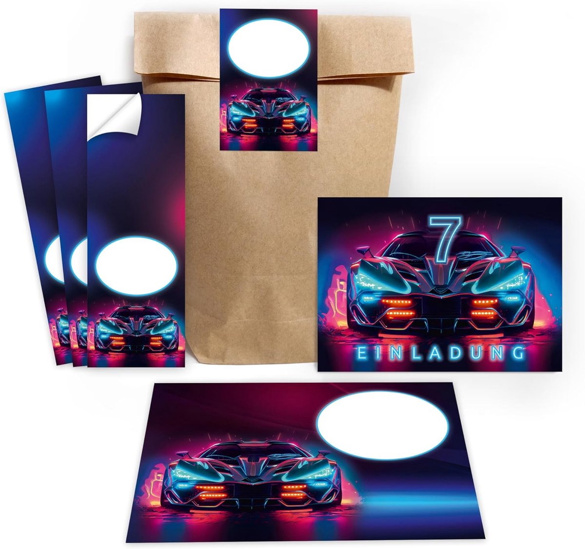 SnelShoppen - 12 Uitnodigingskaarten voor 7e Verjaardag Jongens - Racing Auto Thema met Enveloppen, Cadeautassen en Stickers - Perfect voor Feestjes e