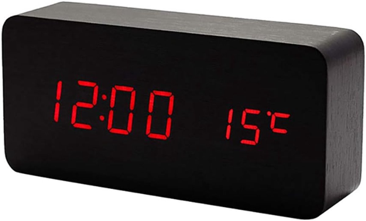 SnelShoppen - Houten Digitale Klok - Multifunctionele LED Alarm Klok met Tijd, Datum, Temperatuur Weergave en Stemcontrole voor Thuis of op Reis - AC1