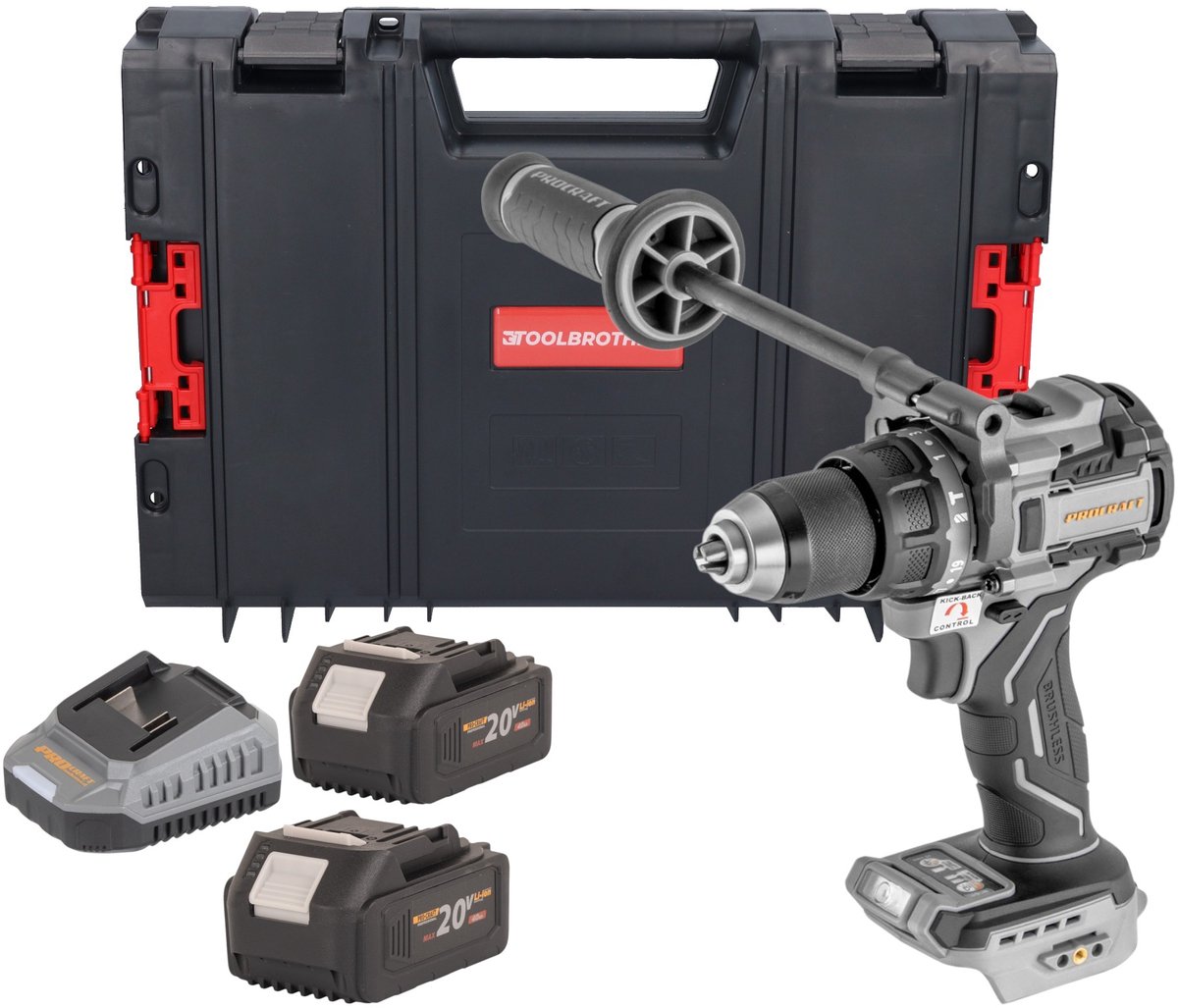 ProCraft Industrial CD20C-BB accu-slagboormachine 20 V 120 Nm borstelloos + 2x accu 4,0 Ah + oplader + RHINO-gereedschapskoffer