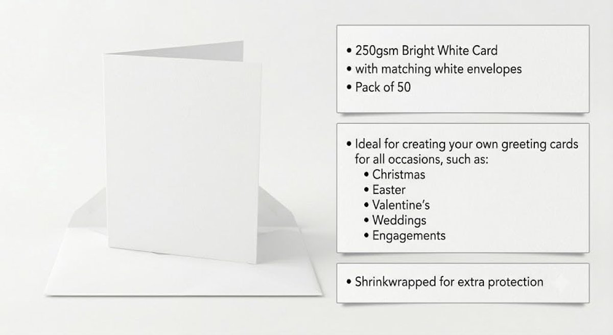 SnelShoppen - A5 Vouwkaarten Wit Smooth - 50 Stuks - Incl. C5 Enveloppen - 250gsm Kaarten voor Feest, Uitnodigingen, Bedankjes - Perfect voor Alle Gel