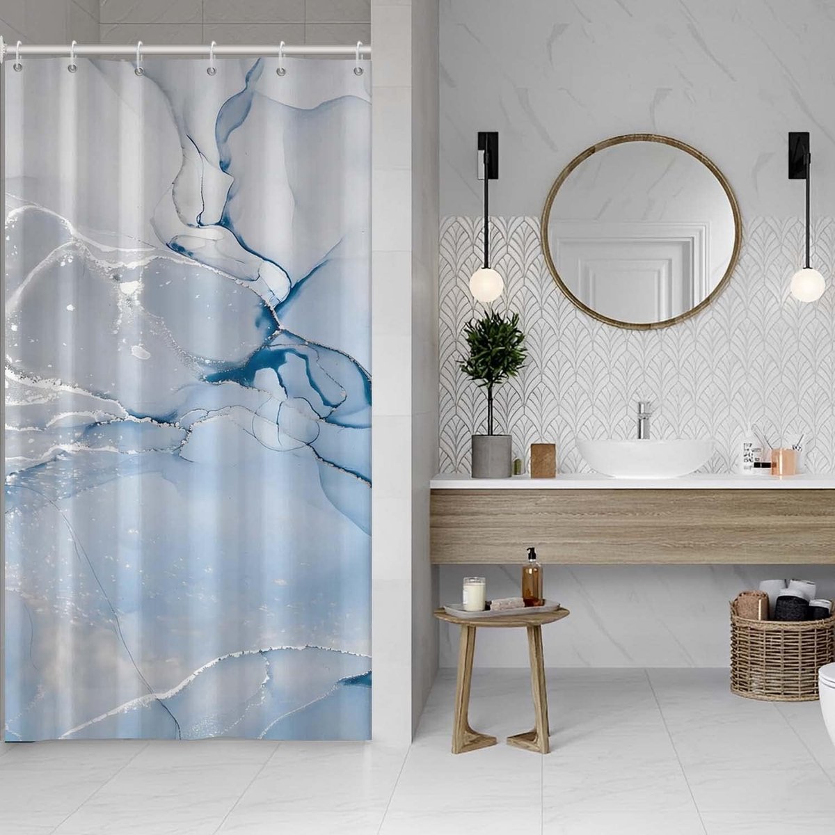 SnelShoppen - Blue Marble Douchegordijn - Kleurvol Marmer Design - Waterdicht Polyester - Inclusief Haakjes - 36 x 72 Inch - Badkamer Decoratie