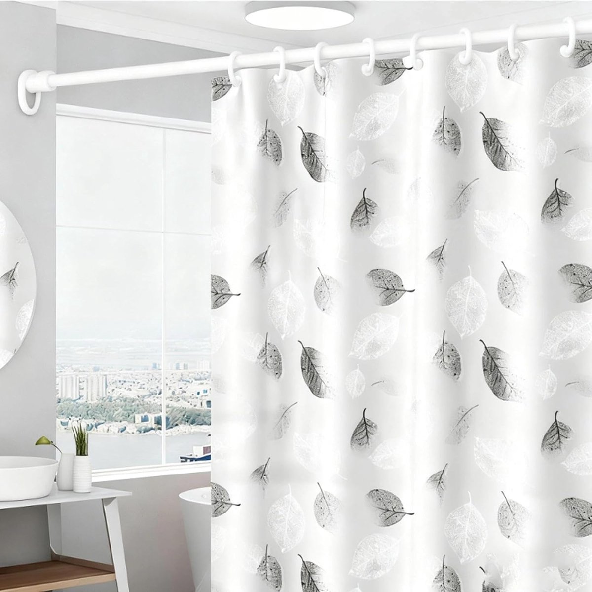 SnelShoppen - Douchegordijn 180x200cm - Wit Bladeren Anti-Melduw - Inclusief 12 Haakjes - Wasbaar en Duurzaam - Ideaal voor Badkamer, Hotel en Thuis