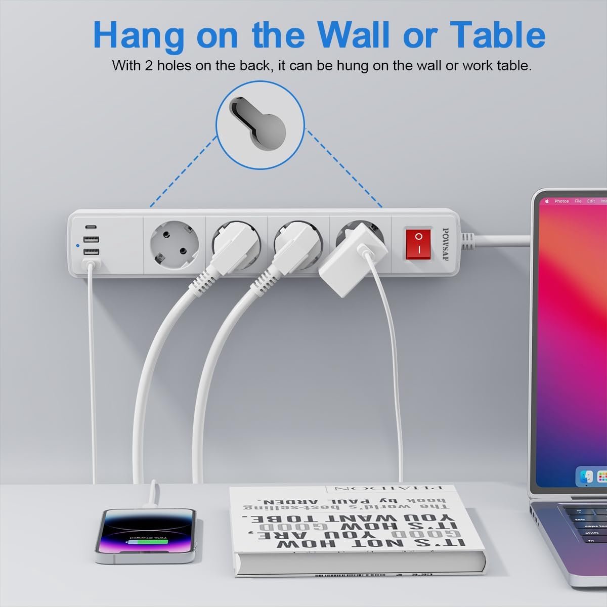 SnelShoppen - Stekkerdoos met 4 Stopcontacten en 4 USB Poorten - 4000W, 16A - Inclusief USB-C Plug - Wit - Ideaal voor Thuis, Kantoor, Camping