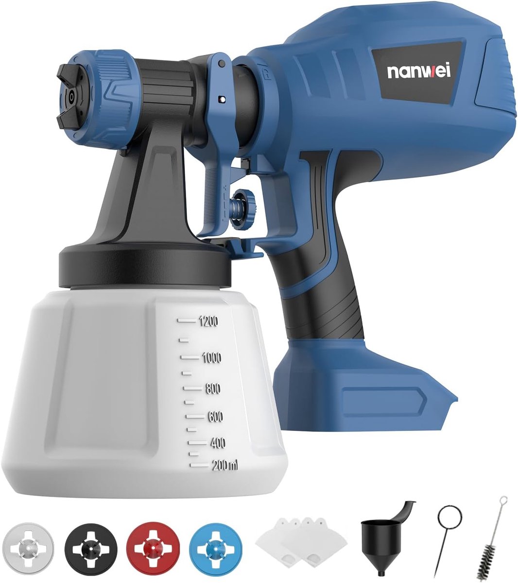SnelShoppen - Draadloze Verfspuit - NANWEI Battery Paint Sprayer - Compatibel met 18V Batterij - 1200ml Reservoir - 4 Messing Spuitmonden - 3 Spuitsta