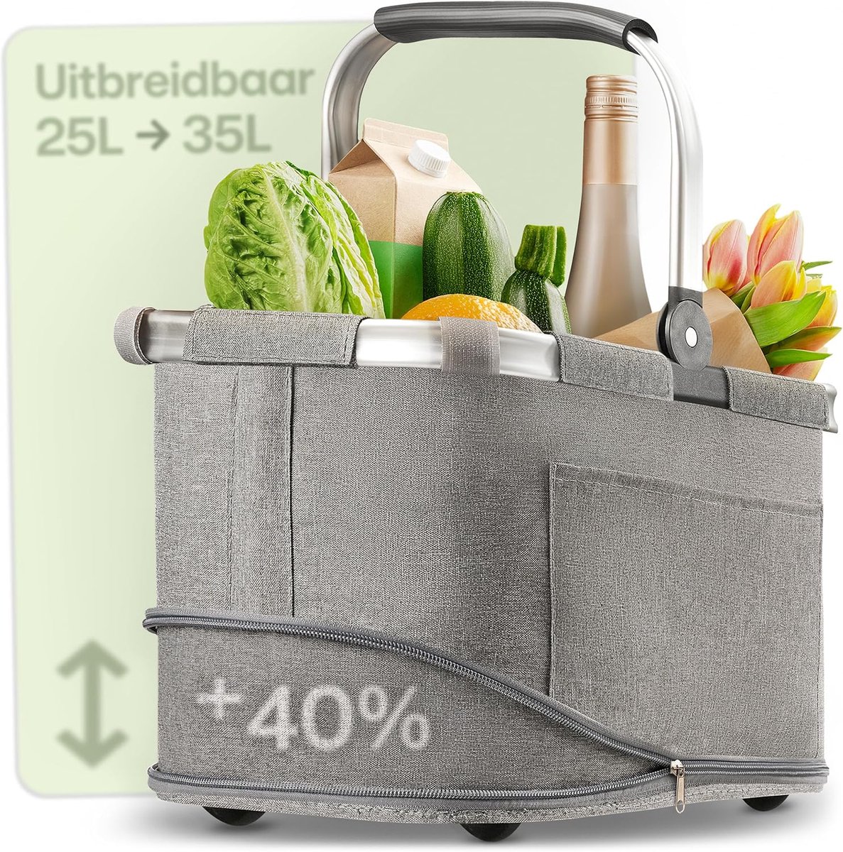 SnelShoppen - Vouwbare Winkelmand Klein – 2 in 1 Uitbreidbaar van 15L tot 25L – Wasbare Stof – Stevige Aluminium Frame & Versterkte Bodem – Extra Vakj