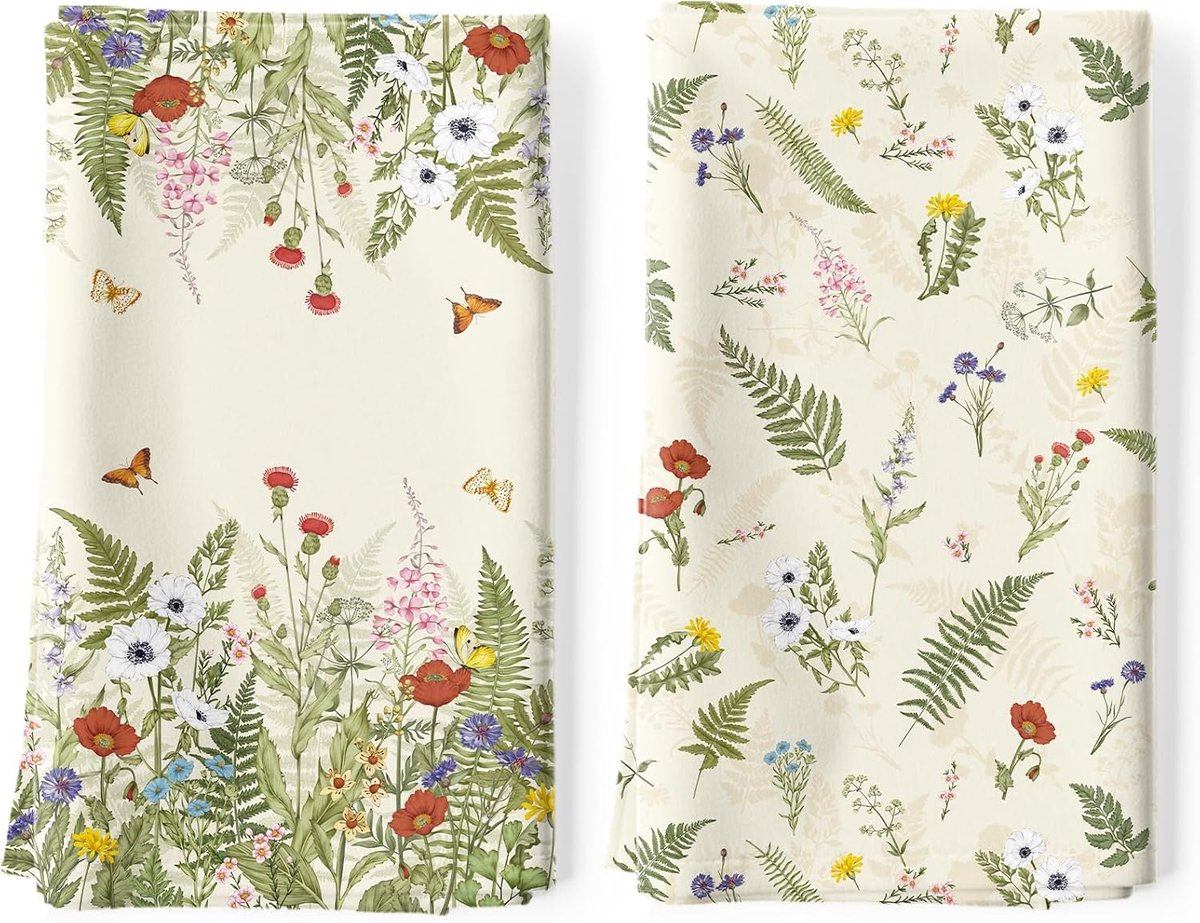 SnelShoppen - 2Pcs Boho Keuken Theedoeken 100% Katoen met Bladeren en Bloemen, Sneldrogende Keukenhanddoeken voor Tafel, Keuken Decoratie, Huiswarming
