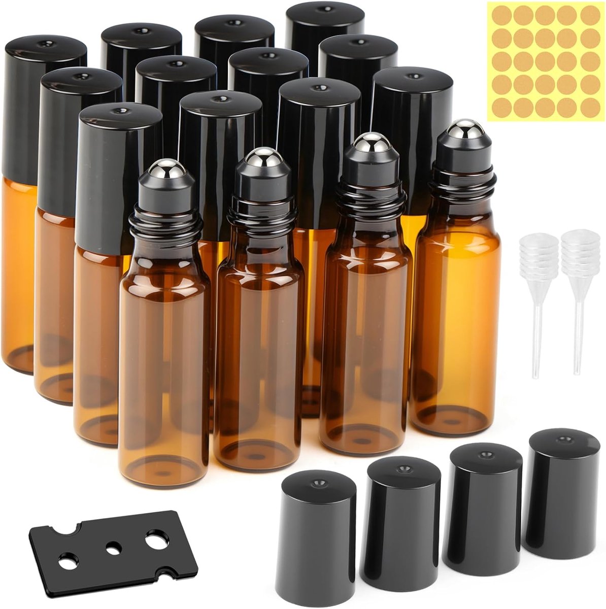 SnelShoppen - 16 Stuks Lege Roll On Flessen 5ml Bruin Glas met RVS Rollerbal - Anti-UV Refillbare Flessen voor Essentiële Olie, Cosmetica en Aromather