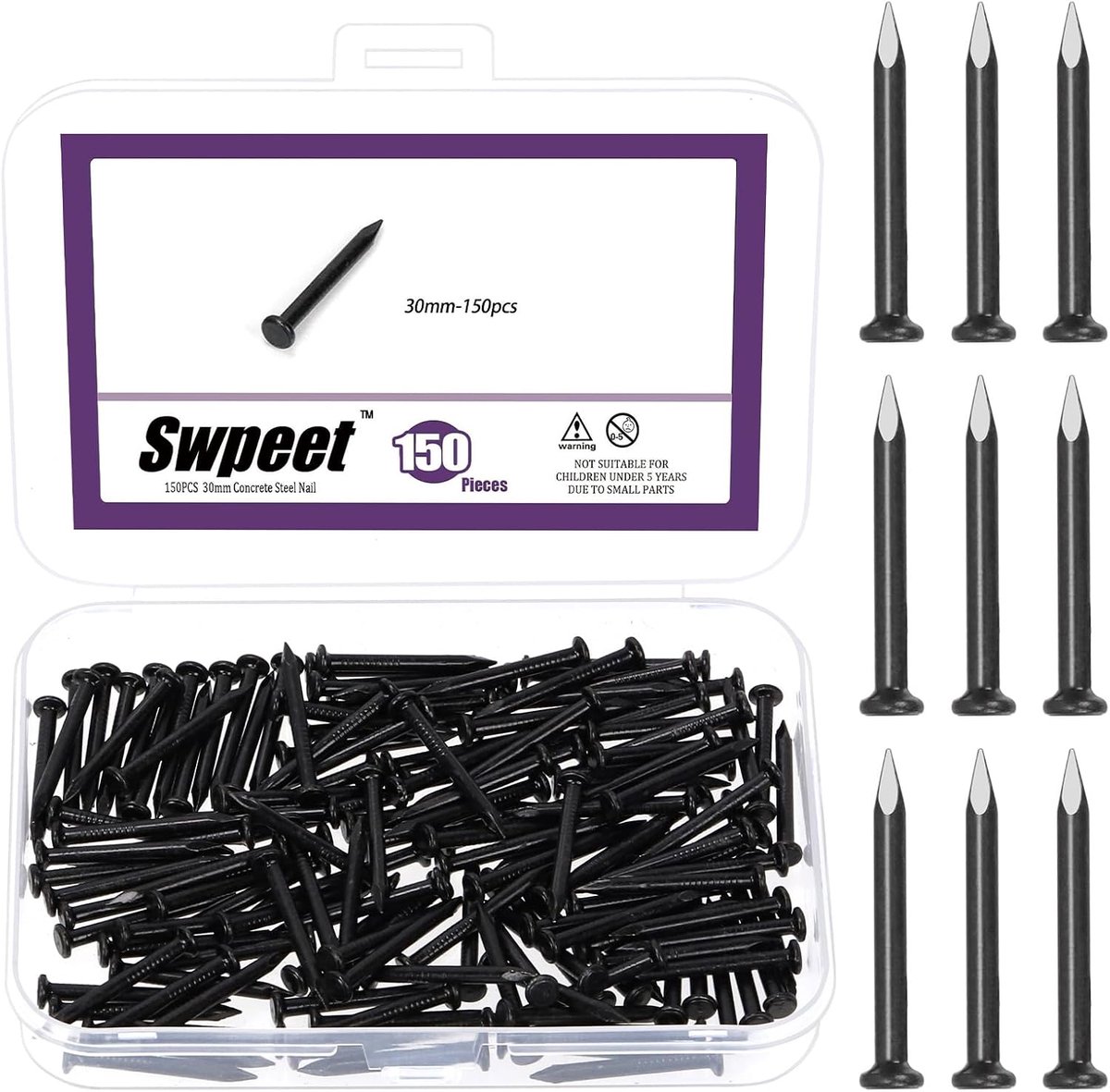 SnelShoppen - 150 Stuks Zwarte Hardware Nagels Assortiment Kit - 1-1/4" (30mm) Stalen Nagels, Galvanized, Voor Hout, Muur, Beton, Afwerking, Kwaliteit