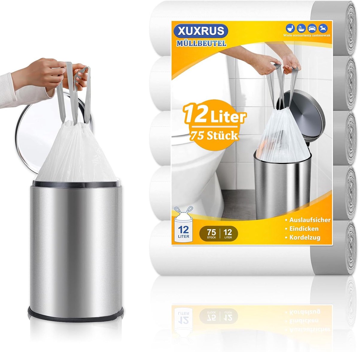 SnelShoppen - 75 Stuks 12L Afvalzakken met Trekkoord - Sterke Scheurbestendige Witte Vuilniszakken voor Keuken, Tuin en Feest - 45x50cm