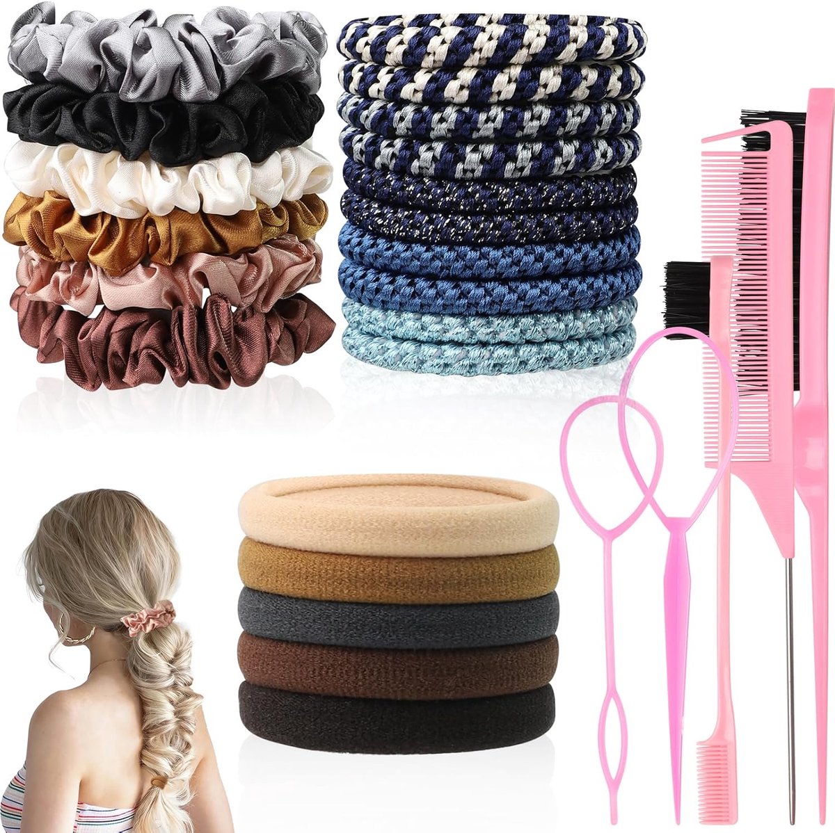 SnelShoppen - 21-delige Haardbanden Set voor Vrouwen met 5 Kammen - Elastische Haaraccessoires in Diverse Kleuren voor Steil, Krullend en Dik Haar - P