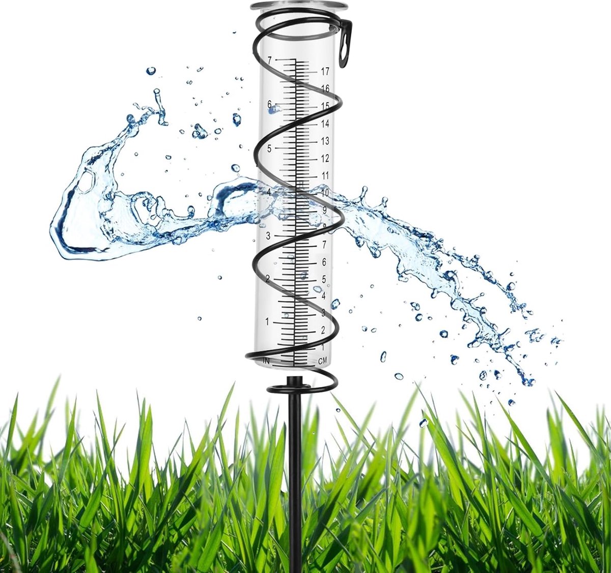 SnelShoppen - 17 cm Tuin Regenmeter Frost Proof - Buiten Regenmeter van Glas met Metalen Stop - Neerslagmeter met Grondpen voor Tuin, Balkon, Landscha