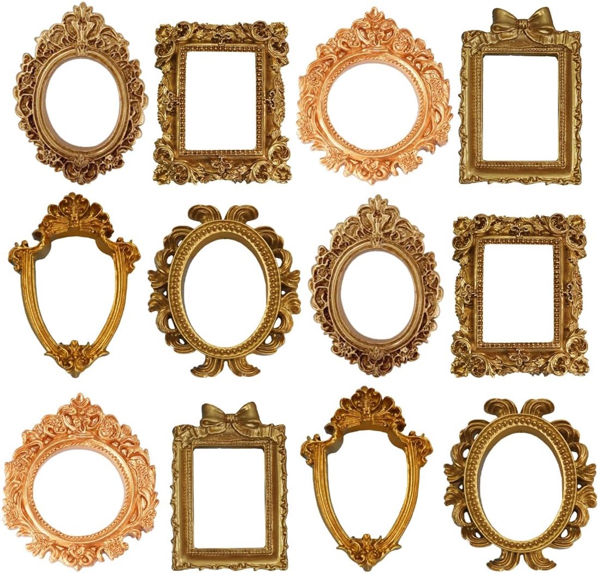 SnelShoppen - 12 Goudkleurige Mini Fotolijsten Vintage Retro Muurdecoratie en Tafelframes voor Creatieve Projecten, 6 Stijlen, Perfect voor Foto's en