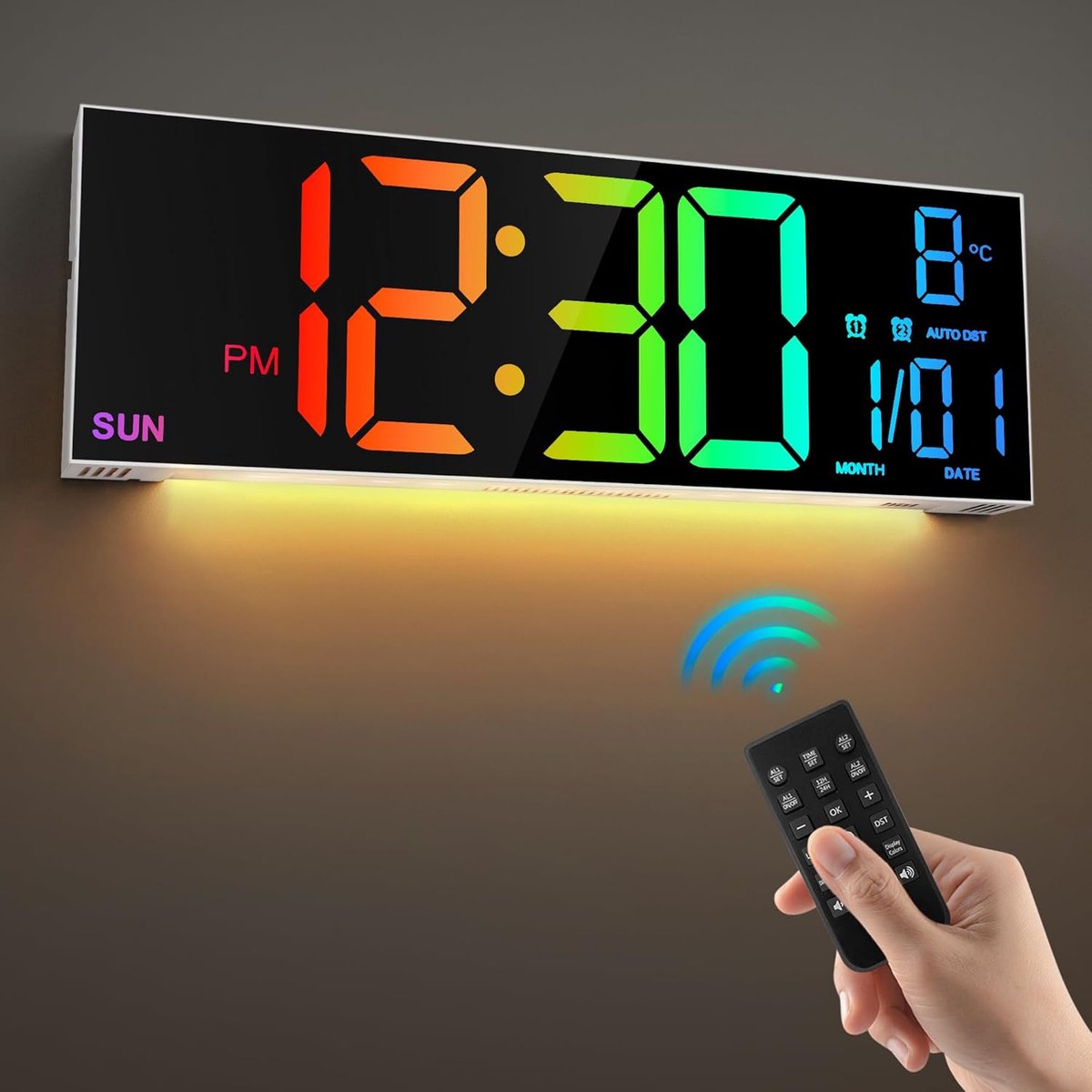 SnelShoppen - 16 inch Digitale Wandklok - Grote LED Display, Afstandsbediening, Dubbele Alarmfunctie, 8 RGB Kleuren, Automatische Helderheid, Datum, T