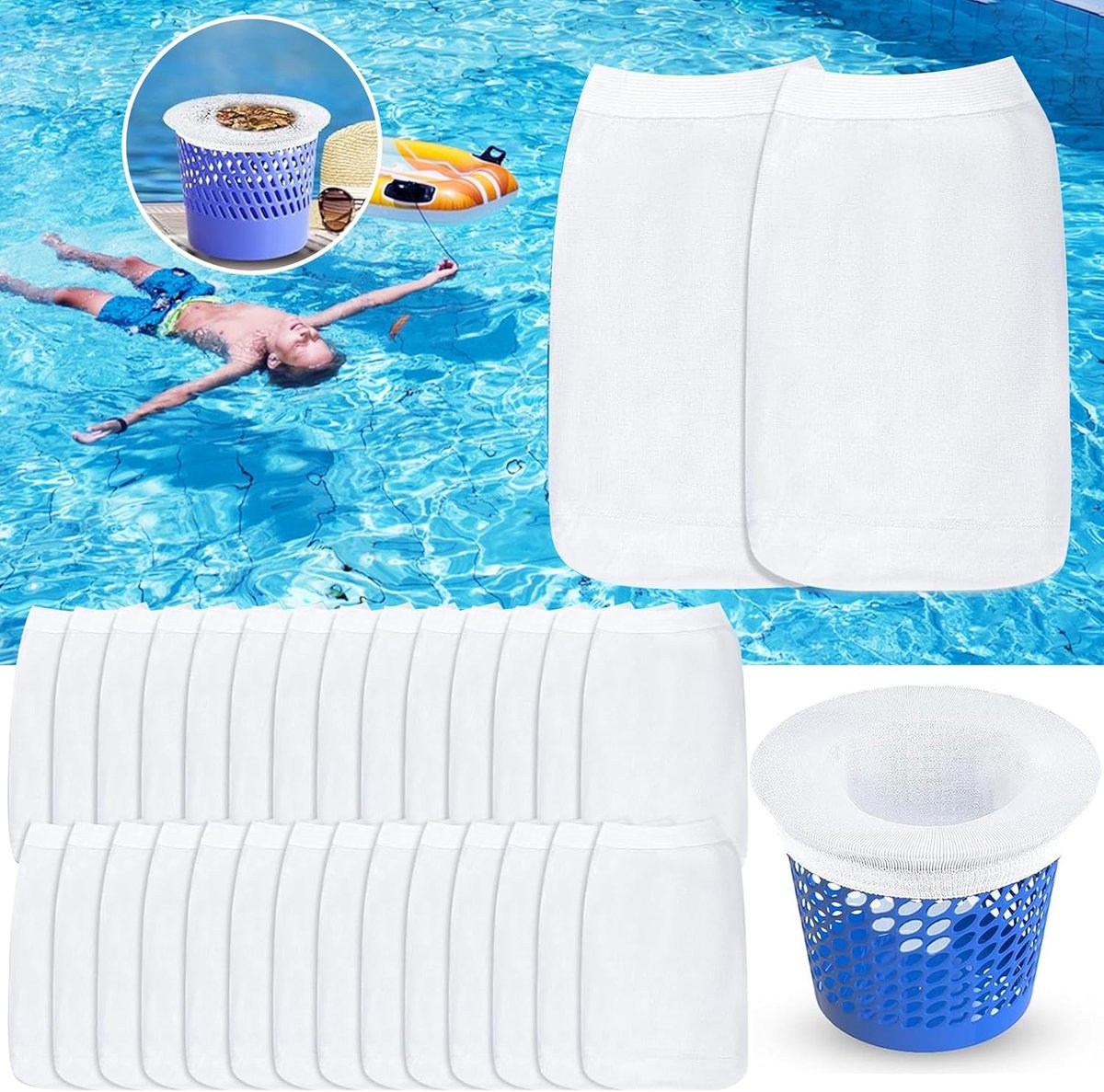 SnelShoppen - Set van 30 Pool Skimmer Covers - Ultra-Fijne Nylon Mesh - Elastisch en Herbruikbaar - Bescherm je Zwembad tegen Bladeren en Vuil - Ideaa