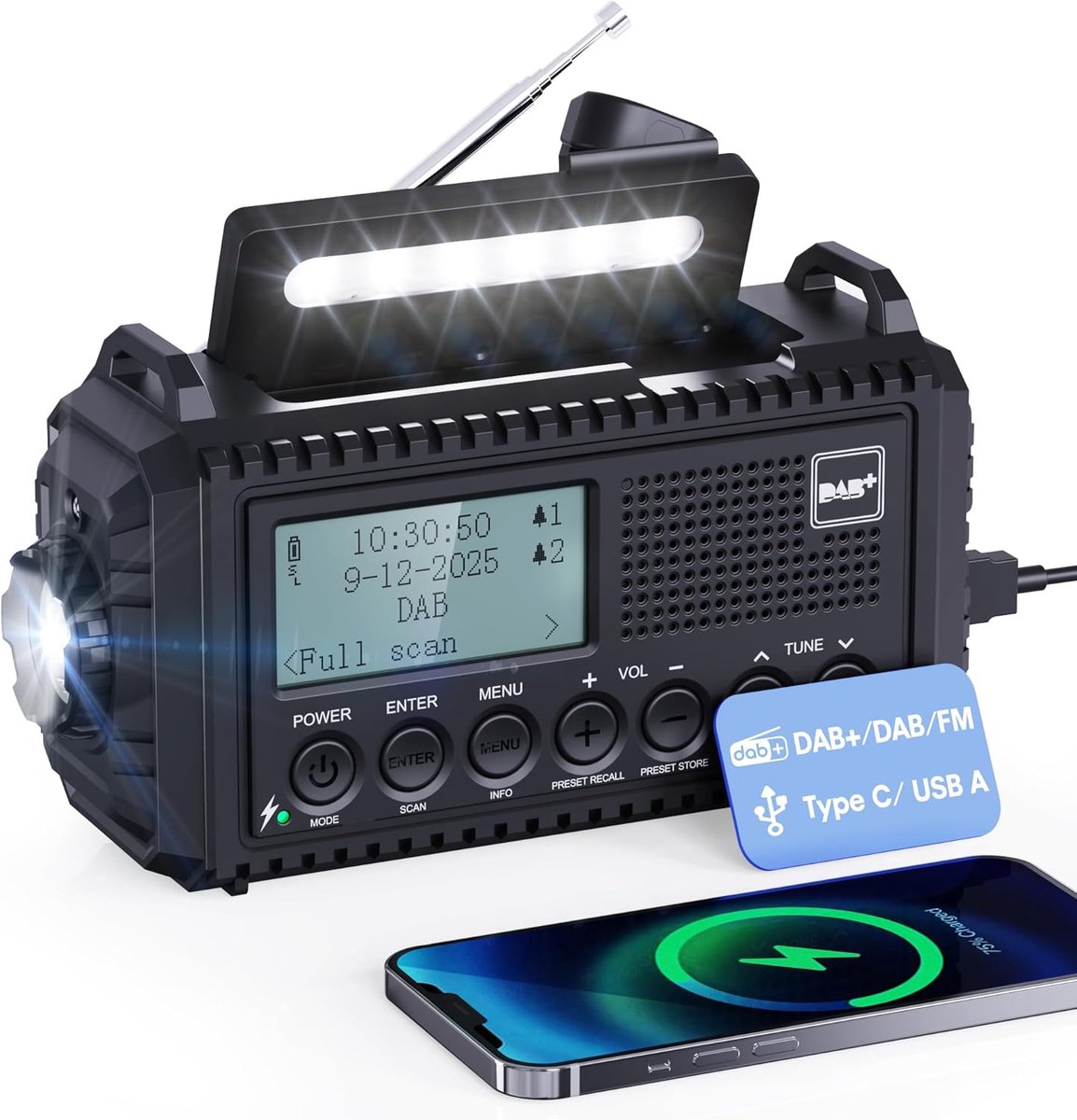 SnelShoppen - Swinging DAB/UKW Radio - Draagbare Zonne-energie Radio met LED Zaklamp & Leeslamp - DAB+/FM Dynamo Radio IPX4 - 5000mAh Oplaadbare Noodr